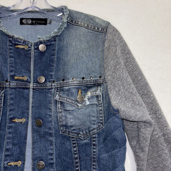 John Eshaya JET Blue Denim Gray Knit Sleeve Jean Jacket Women's Size M/L - Picture 5 of 15
